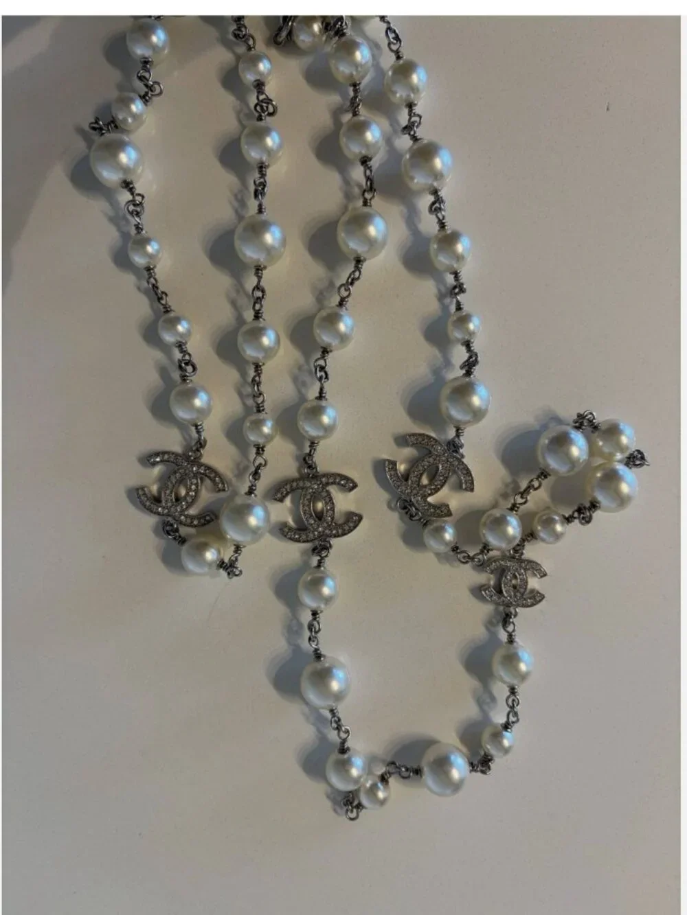 Authentic Chanel Pearl Crystal CC Logo Long Neckalce Ruthenium w Receipt T triba